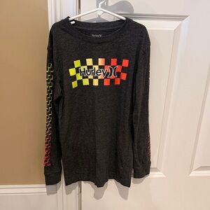 Boys Hurley Kids Long Sleeve Tee - Dark Gray with Neon Checkered Design. Medium.